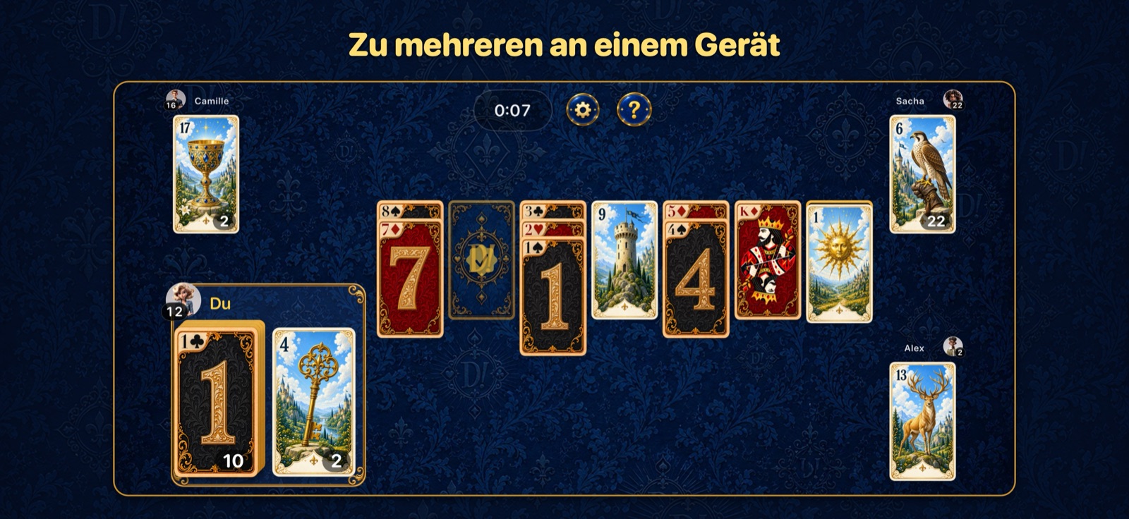 Mehrere Spieler an einem Gerät, jeder in seiner Ecke