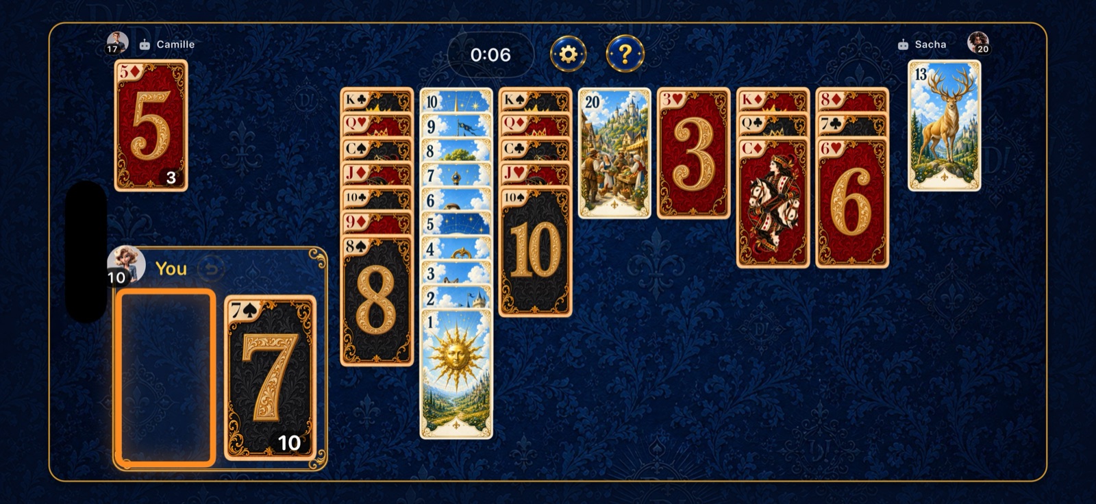 A game of Dégringole on iPhone: seven piles of tarot cards between you and two opponents
