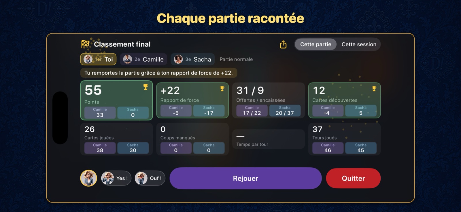 La feuille de match en fin de donne : points, cartes découvertes, cartes offertes et encaissées