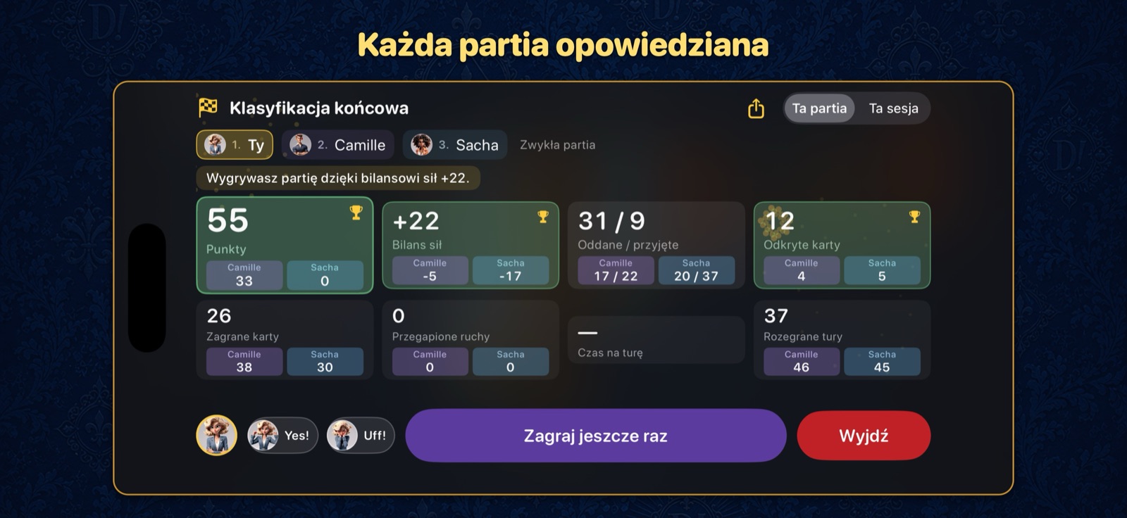 Karta wyników po rozdaniu: punkty, odkryte karty, karty oddane i przyjęte