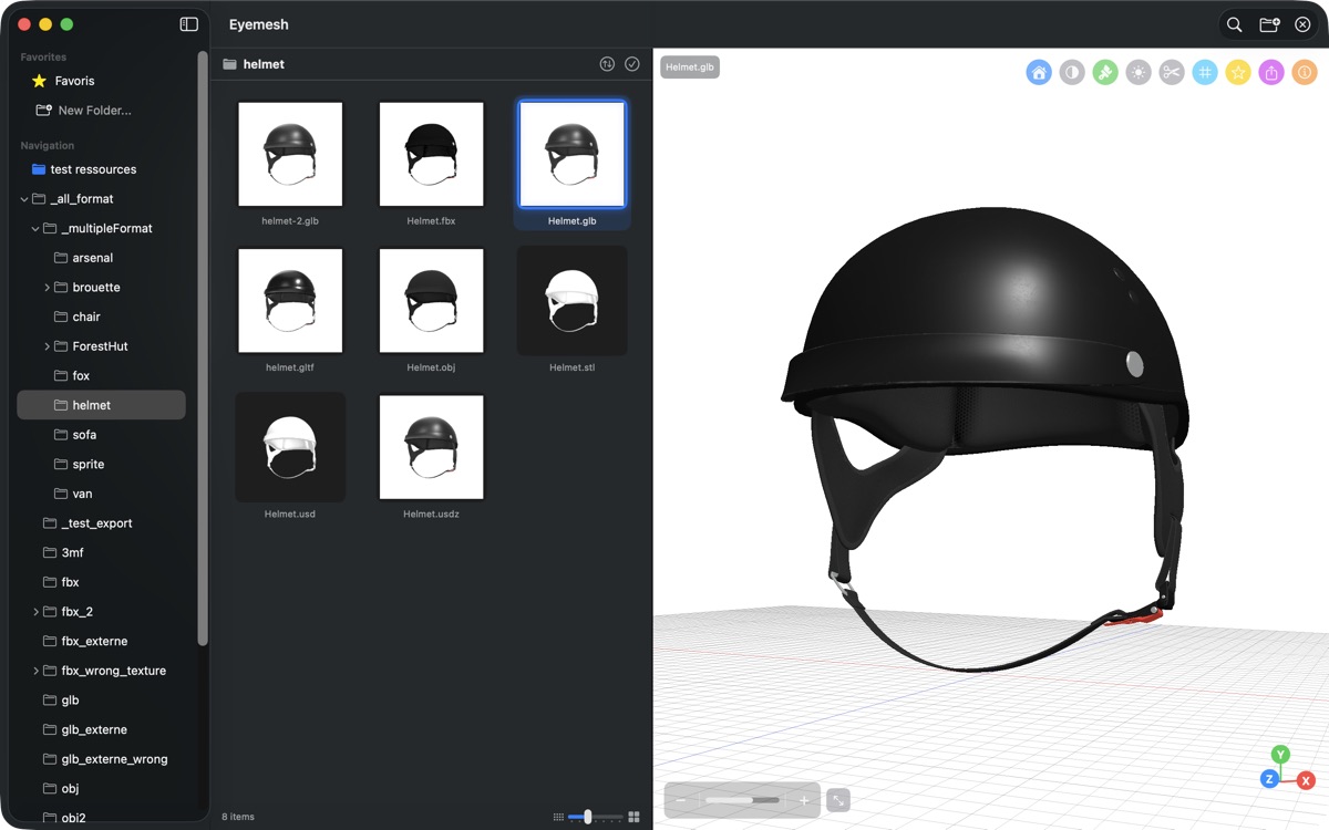macOS 上的 Eyemesh 窗口正在预览一个 3D 模型