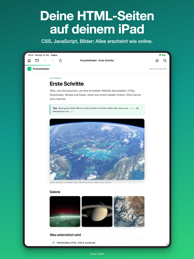 Pagira zeigt eine vollständige lokale Webseite auf dem iPad, mit Layout und Bildern