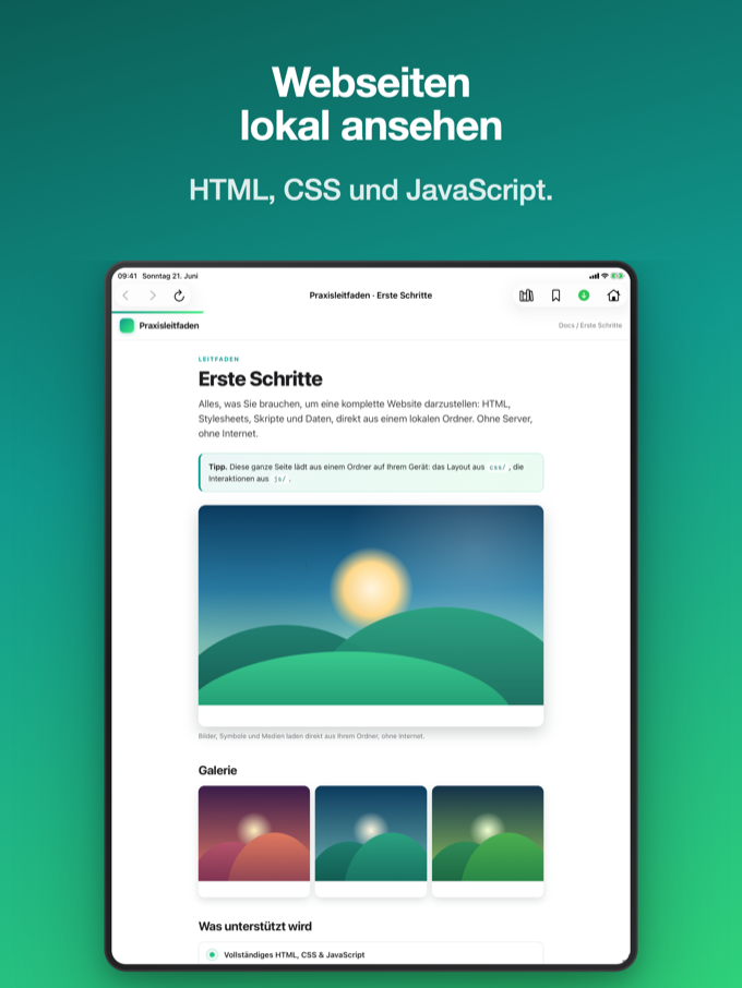 Pagira zeigt eine vollständige lokale Website auf dem iPad