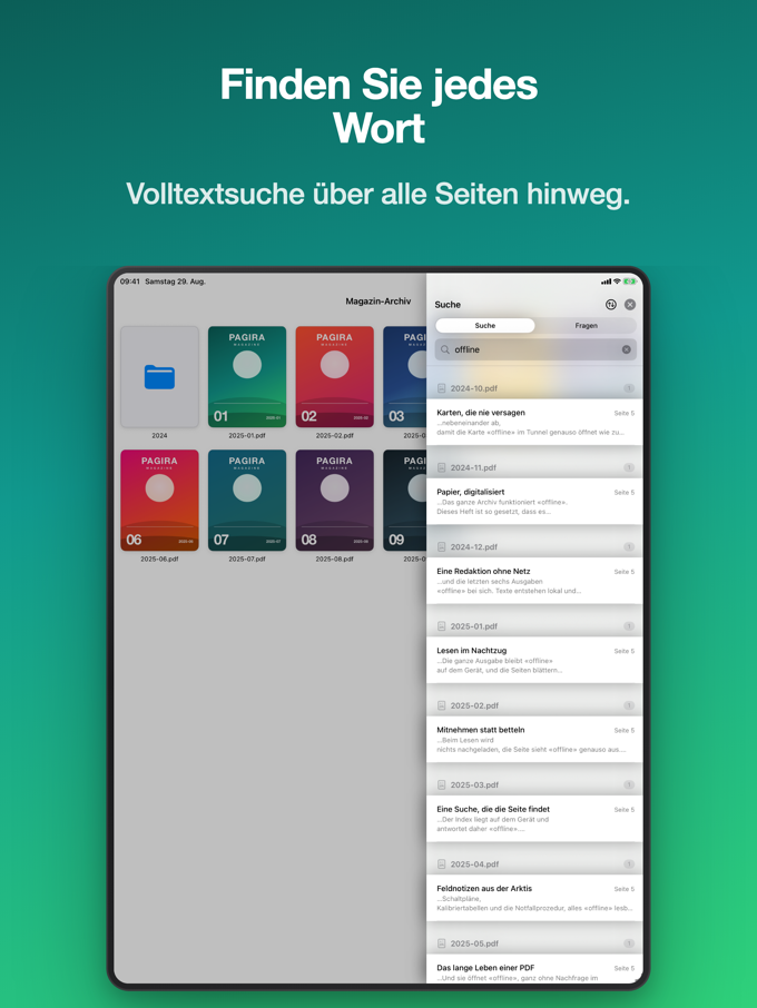 Nach Dokument gruppierte Suchergebnisse in Pagira auf dem iPad
