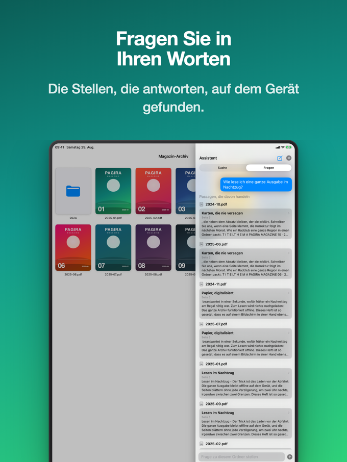 Eine in Alltagssprache gestellte Frage und die Stellen, die sie beantworten, in Pagira auf dem iPad