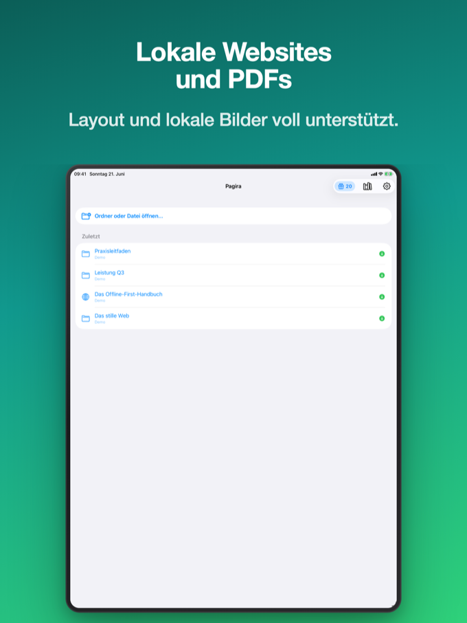 Pagira-Startbildschirm auf dem iPad mit zuletzt verwendeten Websites und PDFs