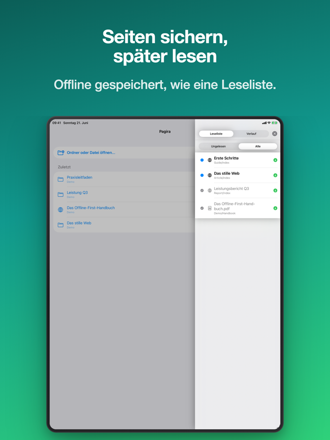 Pagira zeigt die Leseliste auf dem iPad