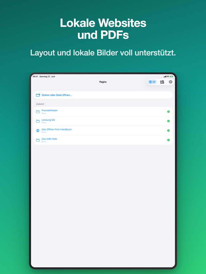 Pagira zeigt den Startbildschirm mit zuletzt geöffneten Objekten auf dem iPad