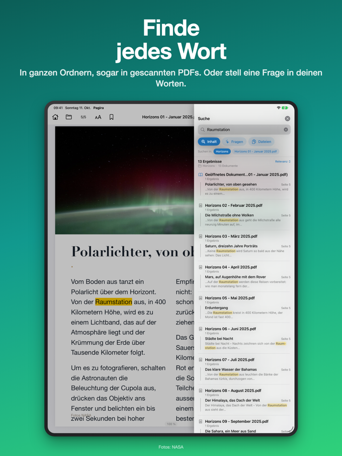 Das Suchfeld von Pagira auf dem iPad, mit den Tabs Inhalt, Fragen und Dateien
