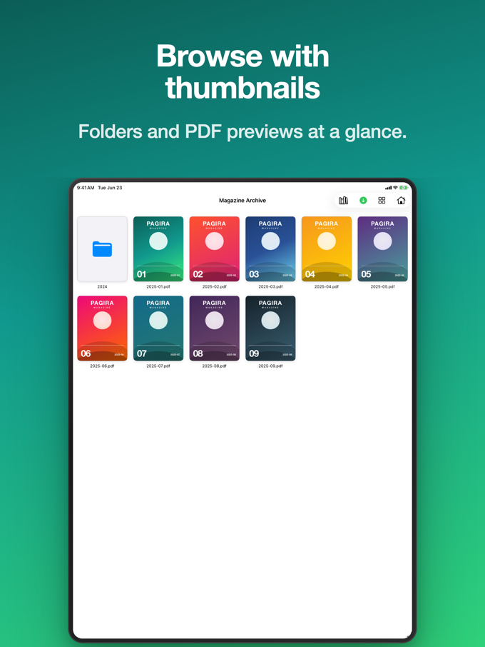 Pagira showing a folder as a grid of thumbnails, with PDF covers, on iPad