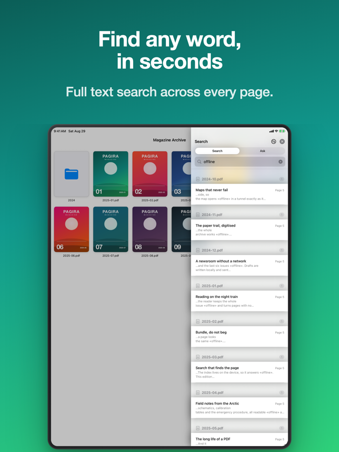 Search results grouped by document in Pagira on iPad