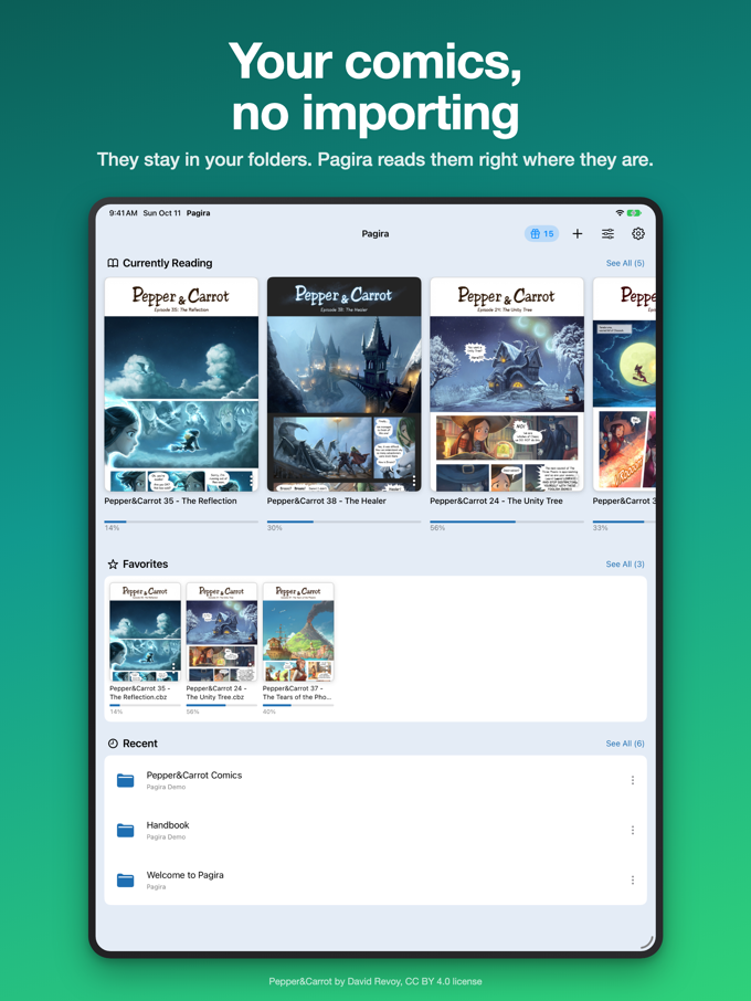 Pagira Home on iPad: Currently Reading, Favorites and Recent, with their covers