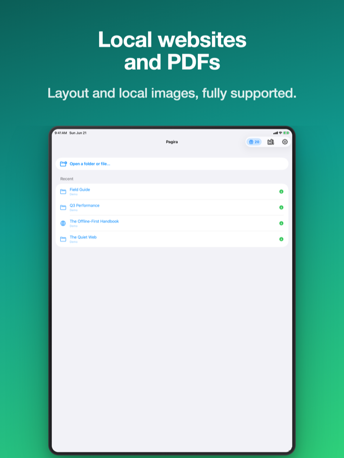 Pagira home screen on iPad with recent websites and PDFs
