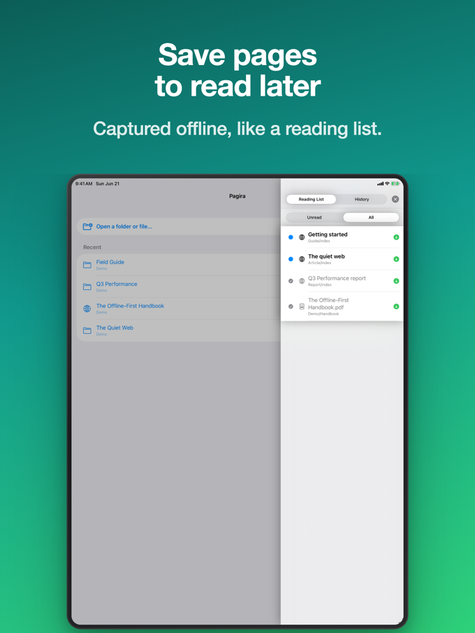 Pagira showing the reading list on iPad