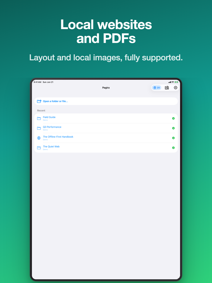 Pagira showing the home screen with recent items on iPad