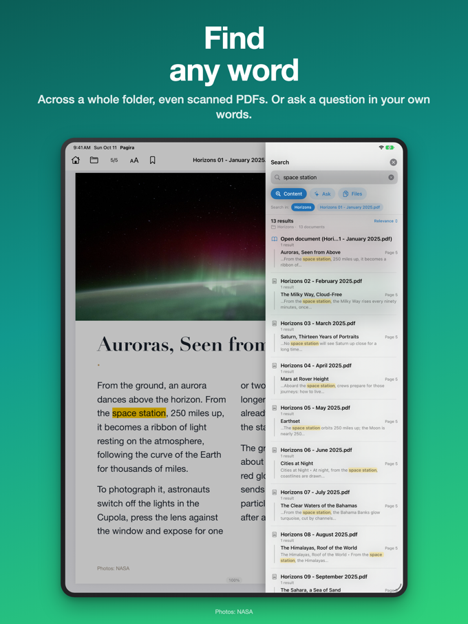 Pagira's search panel on iPad, with its Content, Ask and Files tabs