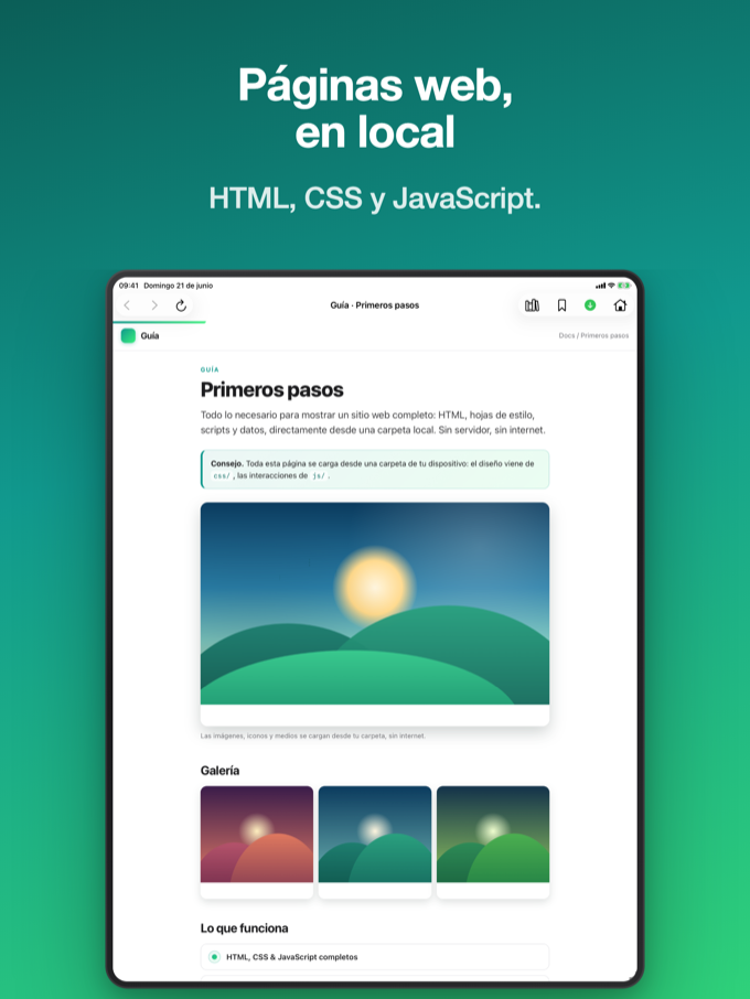 Pagira mostrando un sitio web local completo en iPad