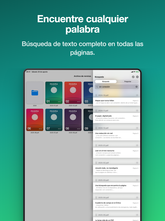 Resultados de búsqueda agrupados por documento en Pagira en iPad