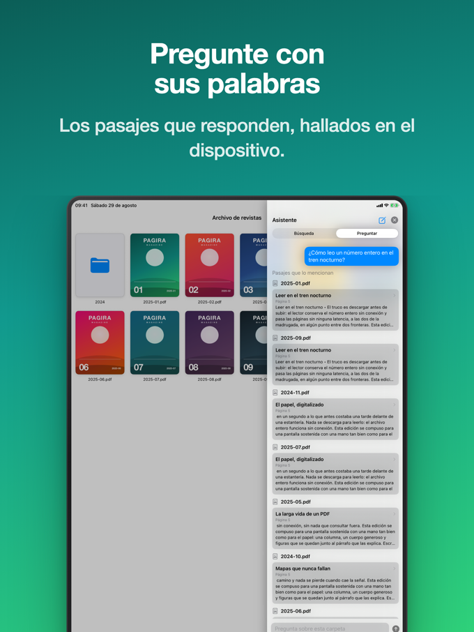 Una pregunta formulada en lenguaje natural y los pasajes que la responden, en Pagira en iPad