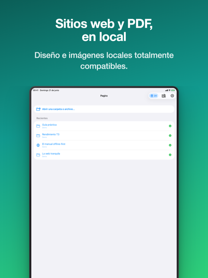 Pantalla de inicio de Pagira en iPad con sitios web y PDF recientes