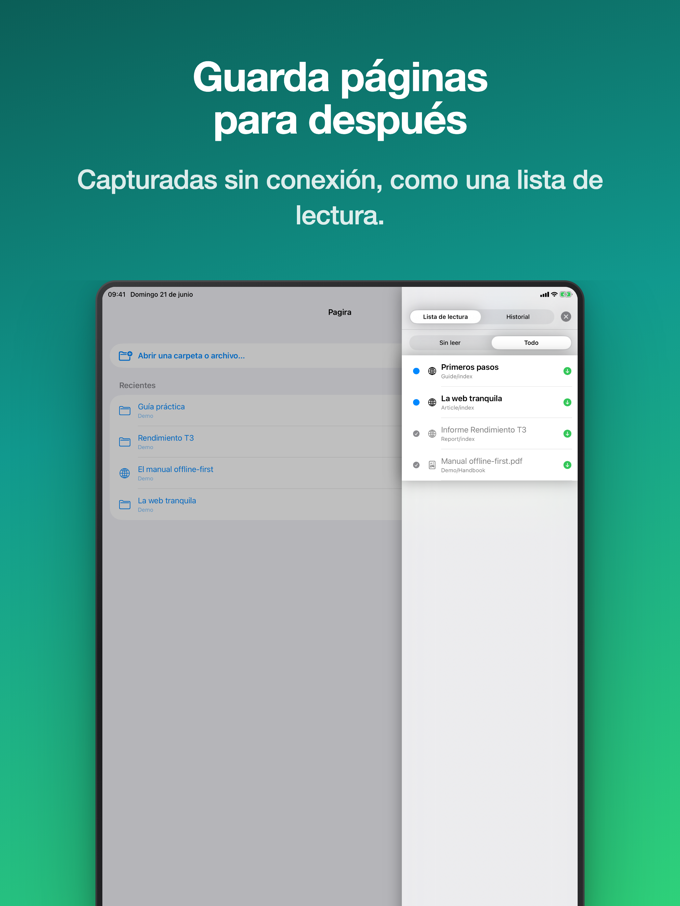 Pagira mostrando la lista de lectura en iPad