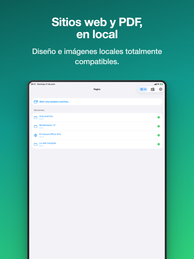 Pagira mostrando la pantalla de inicio con elementos recientes en iPad