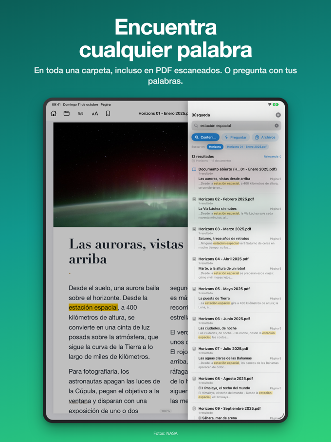 El panel de búsqueda de Pagira en iPad, con sus pestañas Contenido, Preguntar y Archivos