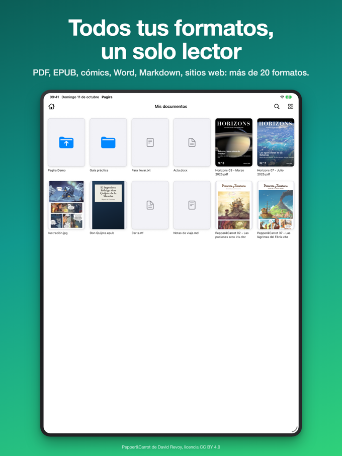 Una carpeta que mezcla PDF, libros, cómics y documentos Word, mostrada en miniaturas en Pagira en iPad