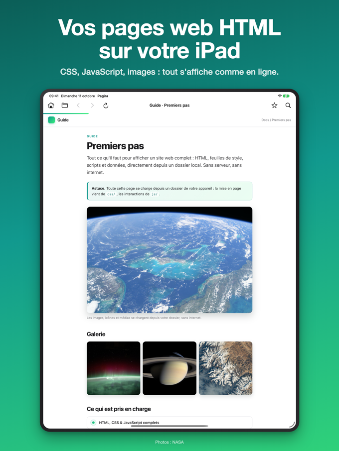 Pagira affichant une page web locale complète, mise en page et images comprises, sur iPad