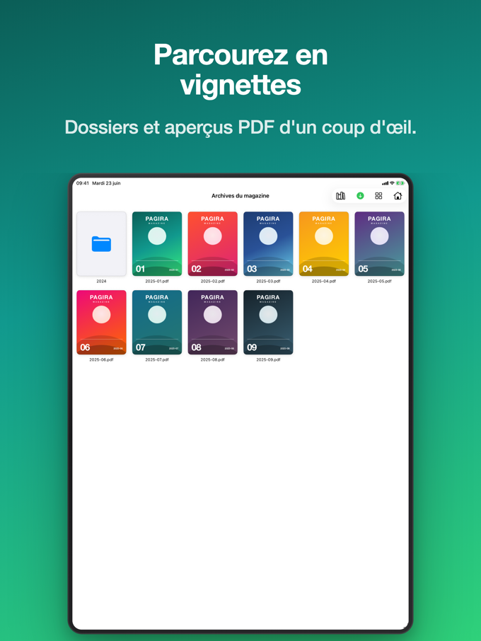 Pagira affichant un dossier en grille de vignettes, avec les couvertures des PDF, sur iPad