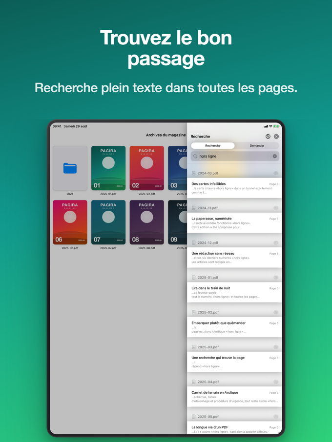 Résultats de recherche groupés par document dans Pagira sur iPad