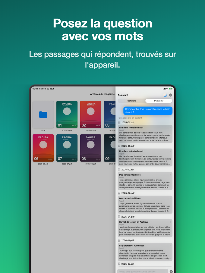 Une question posée en langage naturel et les passages qui y répondent, dans Pagira sur iPad