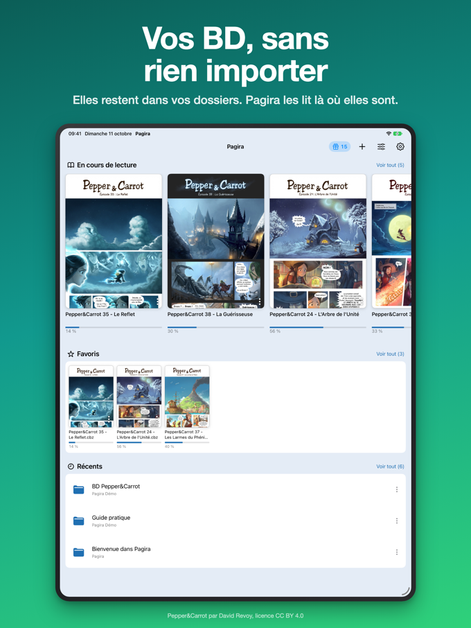 L'accueil de Pagira sur iPad : En cours de lecture, Favoris et Récents, avec leurs couvertures