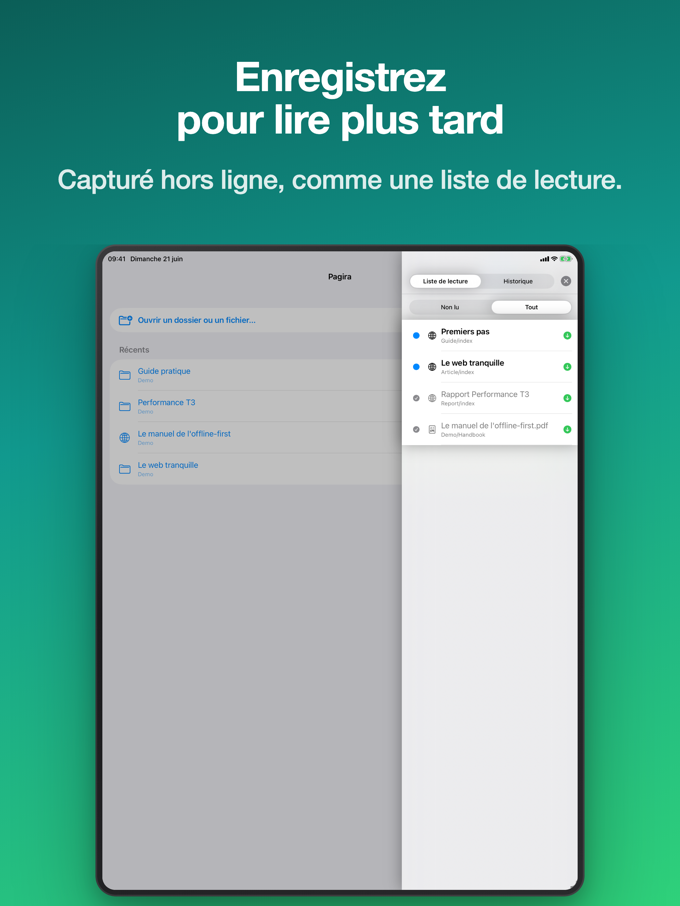 Pagira affichant la liste de lecture sur iPad