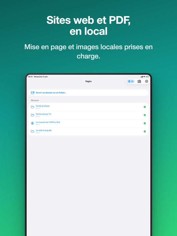 Pagira affichant l'écran d'accueil avec les éléments récents sur iPad