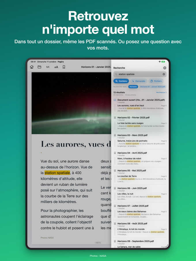 Le panneau de recherche de Pagira sur iPad, avec ses onglets Contenu, Demander et Fichiers