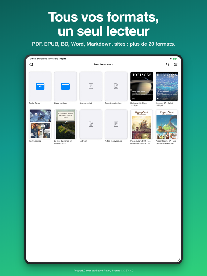 Un dossier mêlant PDF, livres, BD et documents Word, affiché en vignettes dans Pagira sur iPad