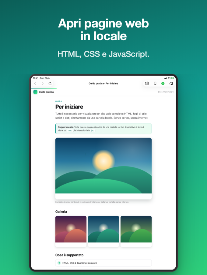 Pagira che mostra un intero sito web locale su iPad