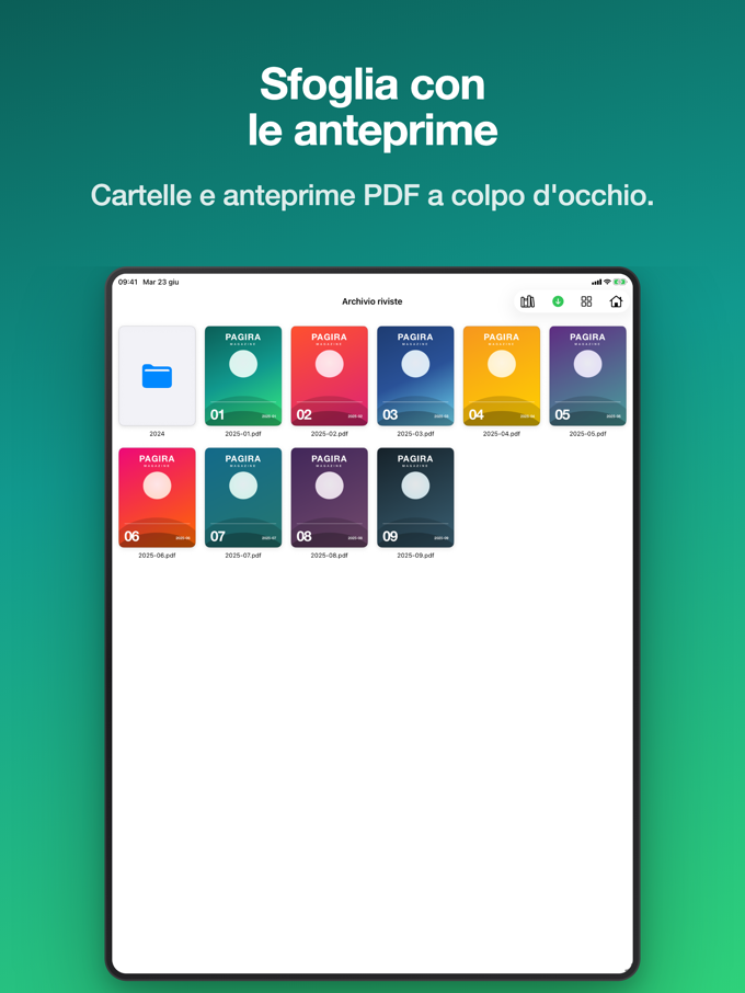 Pagira che mostra una cartella in griglia di miniature, con le copertine dei PDF, su iPad