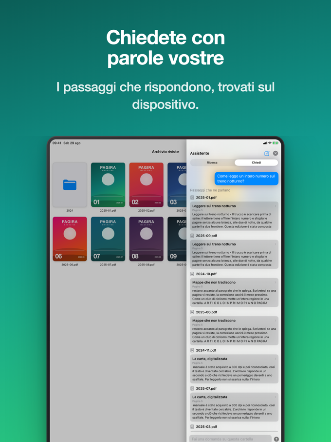 Una domanda posta in linguaggio naturale e i passaggi che le rispondono, in Pagira su iPad
