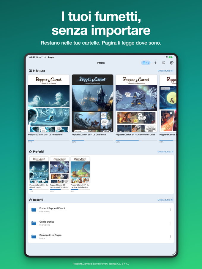 La Home di Pagira su iPad: In lettura, Preferiti e Recenti, con le loro copertine
