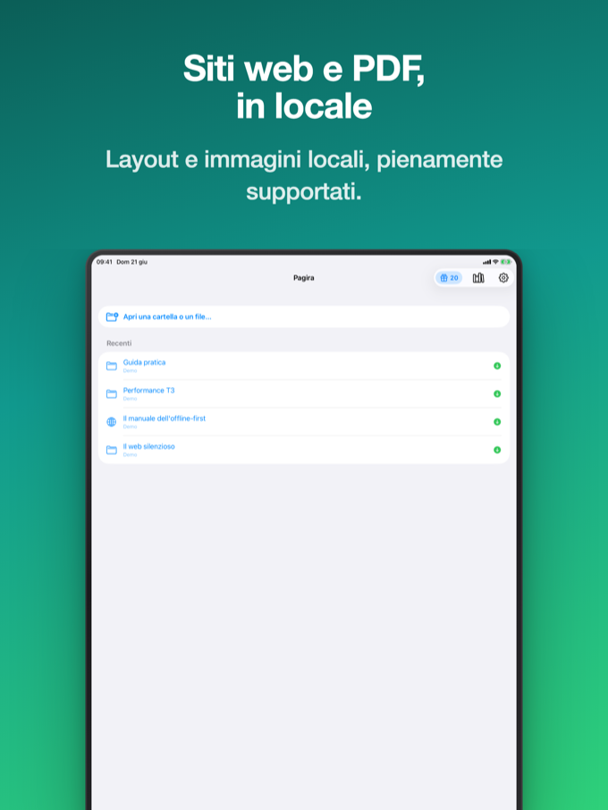 Schermata principale di Pagira su iPad con siti web e PDF recenti