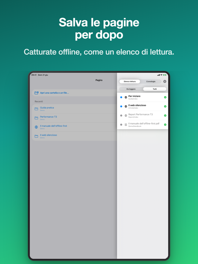 Pagira che mostra la lista di lettura su iPad
