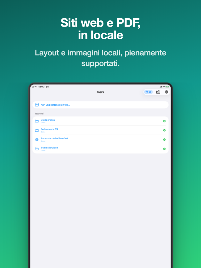 Pagira che mostra la schermata iniziale con gli elementi recenti su iPad