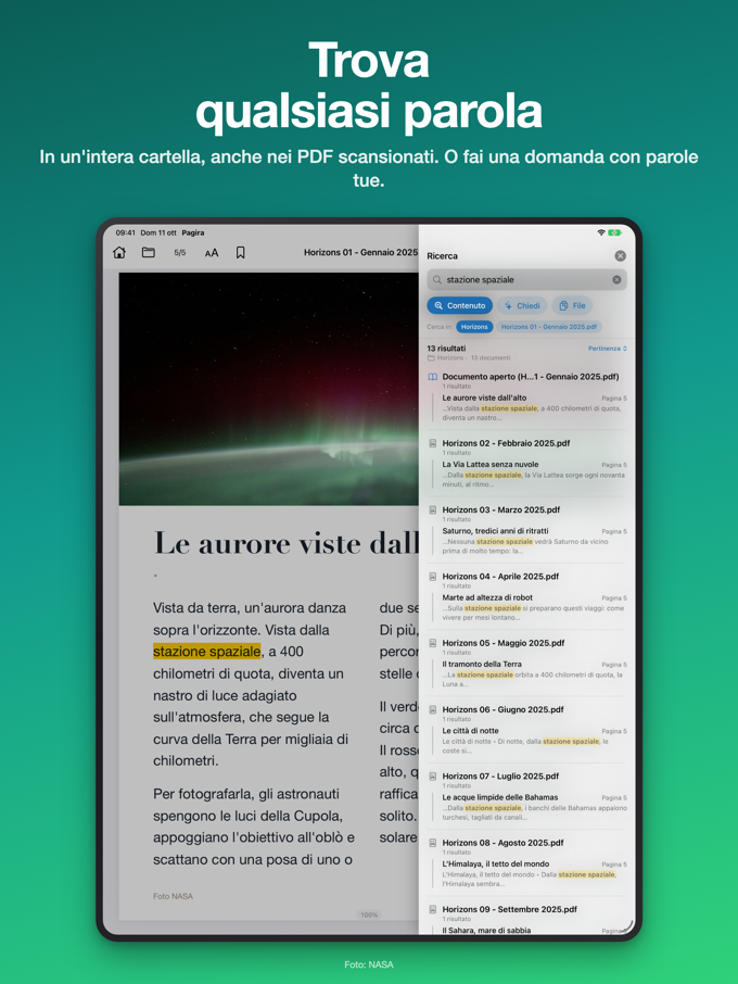 Il pannello di ricerca di Pagira su iPad, con le schede Contenuto, Chiedi e File