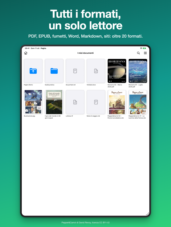 Una cartella che mescola PDF, libri, fumetti e documenti Word, mostrata in miniature in Pagira su iPad