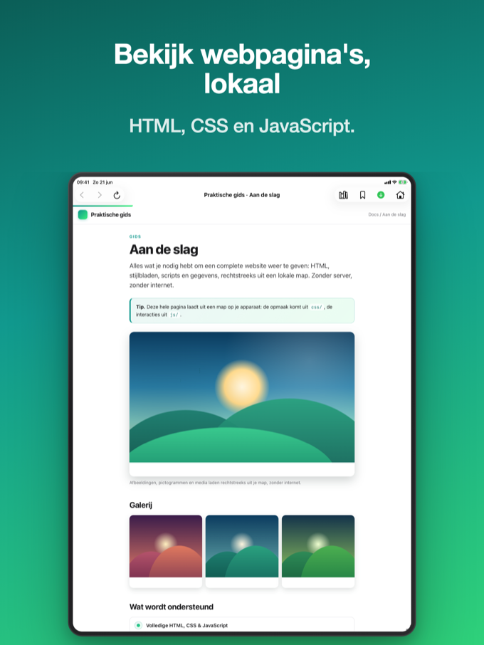 Pagira die een volledige lokale website op iPad toont