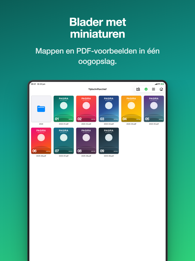 Pagira toont een map als raster met miniaturen, met de omslagen van de PDF's, op iPad