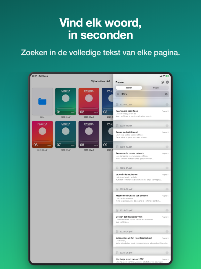 Zoekresultaten gegroepeerd per document in Pagira op iPad