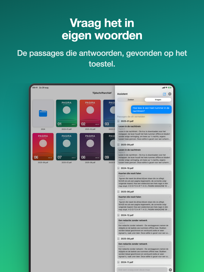 Een vraag in gewone taal en de passages die erop antwoorden, in Pagira op iPad
